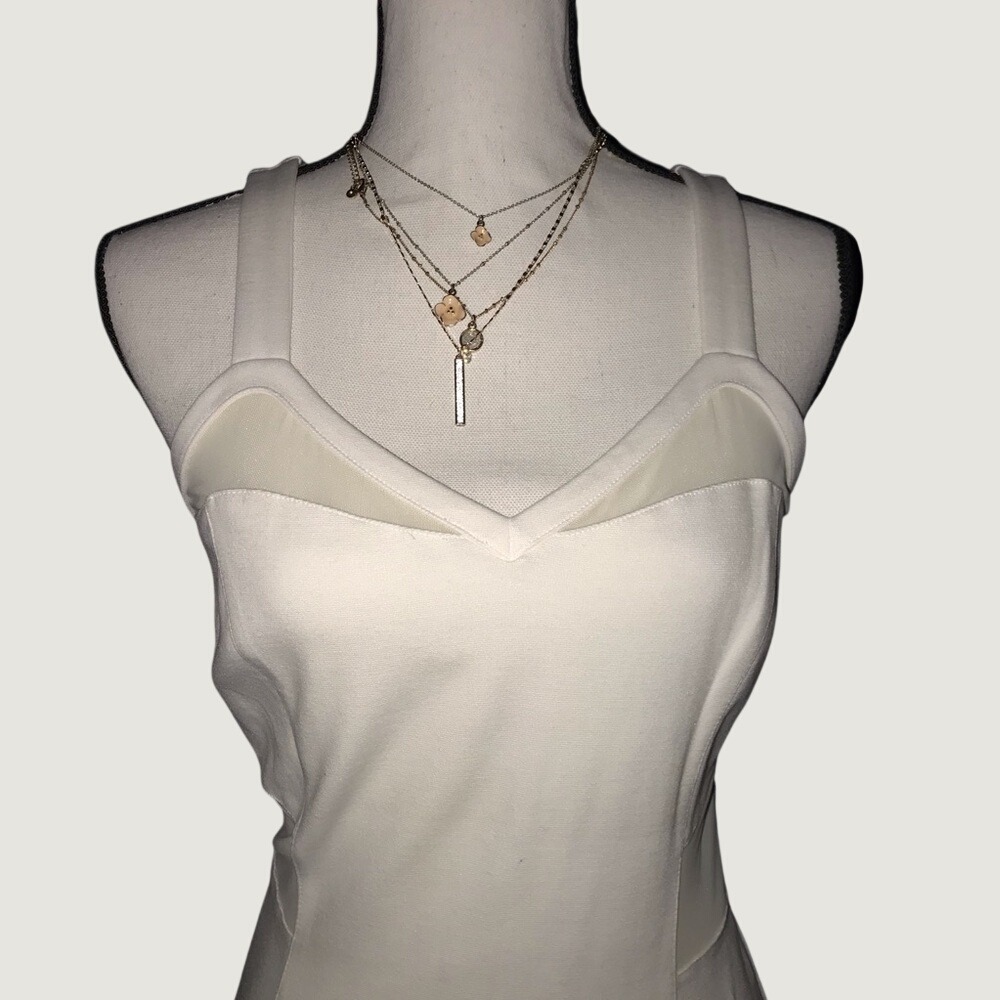 Express Classic White Bodycon Sleepless Sheath Dress with Mesh Accent & Back Zip - Picture 5 of 13